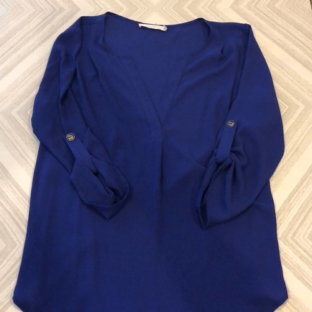 Lush Blue Blouse V Neck with 3/4 Sleeves